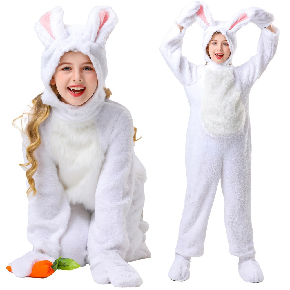 New export style children's animal bodysuit, featuring a white rabbit design, suitable for kindergarten performances and children's stage performances.