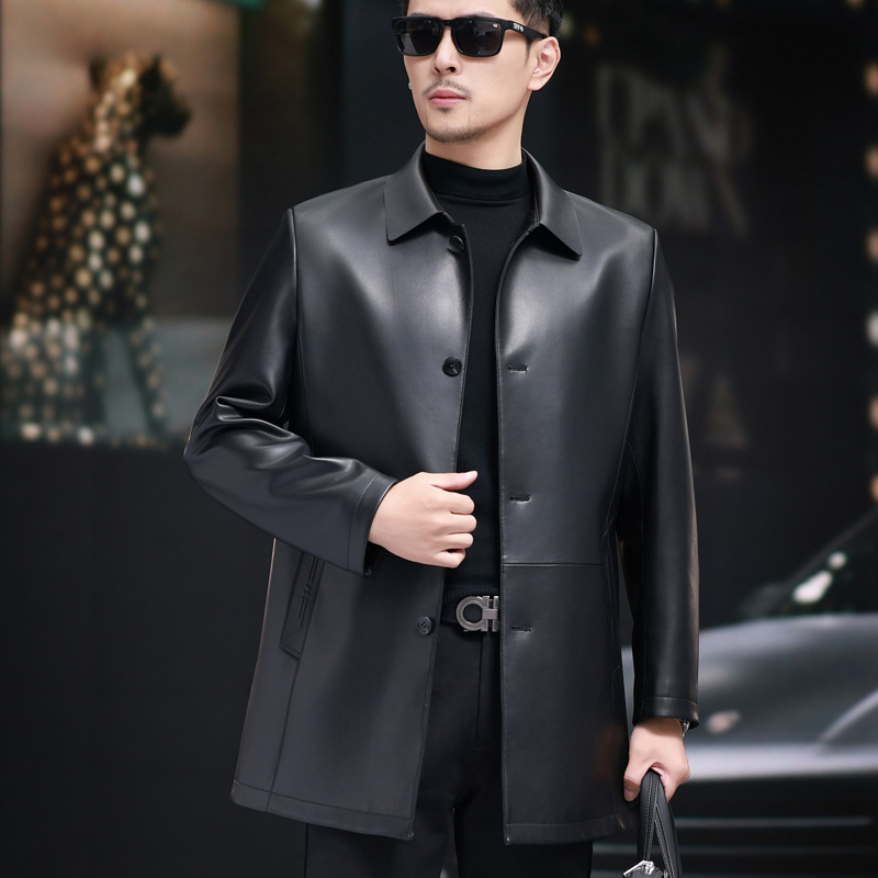 Haining Genuine Leather Men's Jacket, Sheepskin Leather Jacket, Mid-Length, Turn-Down Collar, Casual, First-Layer Sheepskin Men's Pure Leather Clothing