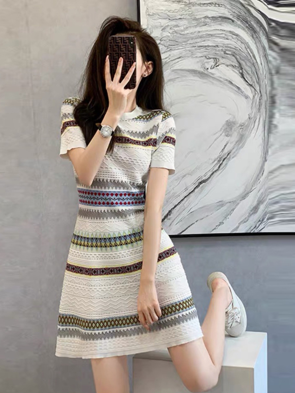 Váy dệt kim ngắn tay phong cách nữ thần sang trọng — màu xanh
