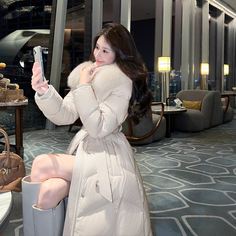 High-End Fox Fur Collar Waist Slimming down Jacket 2025 Winter New Women's Long Over-The-Knee Thickeneded Jacket