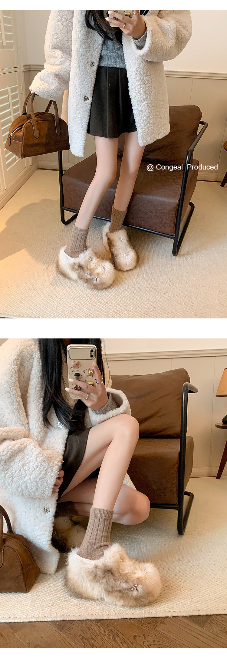 Sục nữ lông ấm đế dày đính đá phong cách Hàn Quốc — Lót lông màu nâu chi tiết 25