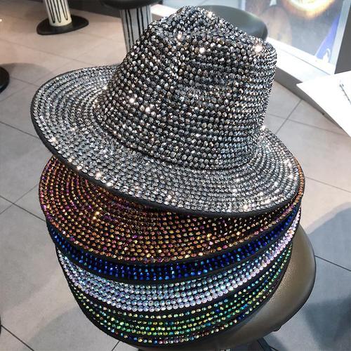 Hat women's autumn and winter fashion rhinestone elegant jazz hat British retro all-match diamond woolen women's hat trend