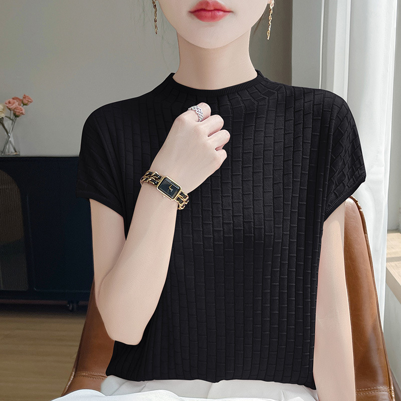 2025 夏の新薄型ラウンドネックテンセルストライプ Tシャツ半袖女性の多用途通気性ニット半袖女性のトップ|undefined