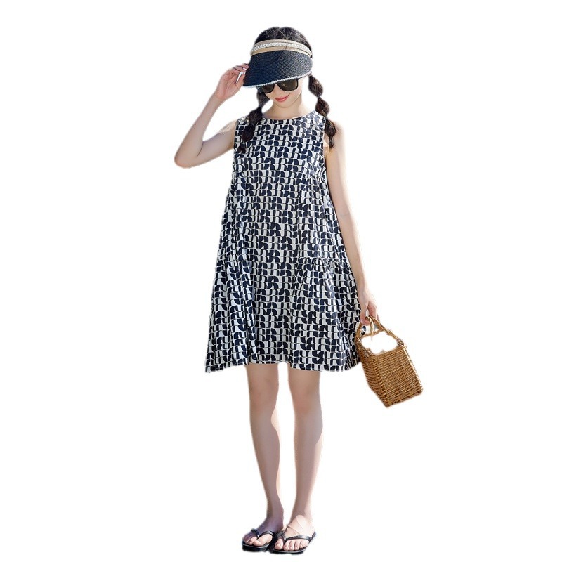 Corea del Sur ropa para niños rombo impreso vestido de las muchachas 2024 verano nueva Alta Calidad niña falda sin mangas moda