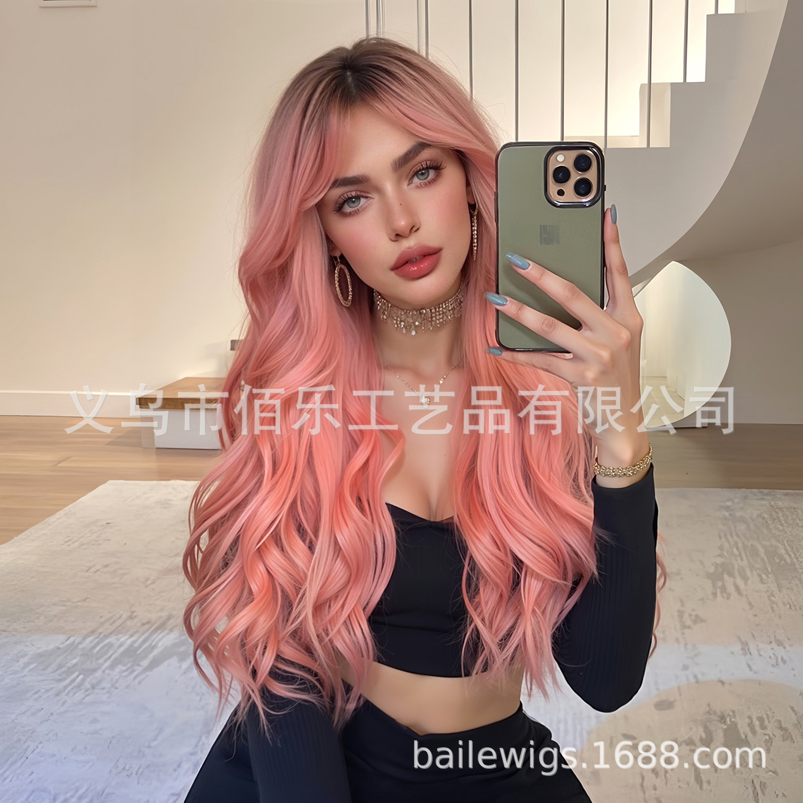 Ventas transfronterizas calientes pelucas rosa gradiente de ocho caracteres rizos largos cabello de fibra química fabricantes de mujeres en stock wigs