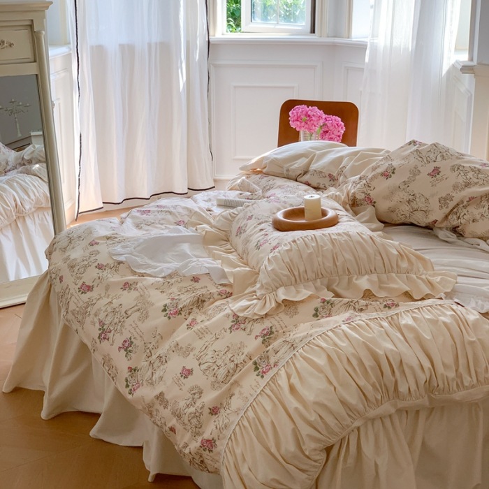 Nordisch-französisches Vintage-Boho-Retro-Prinzessinnen-Bettwäscheset mit Spitze und Rüschen, vierteilig, bestehend aus Rock, Bettlaken und Bettbezug, aus reiner Baumwolle._voghion.com