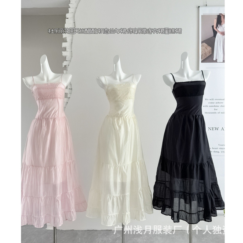Skkk Stroe Tuileries Garden Tencel Acetate First Love Fairy Dress Slim Fit Strap Dress Cake Dress