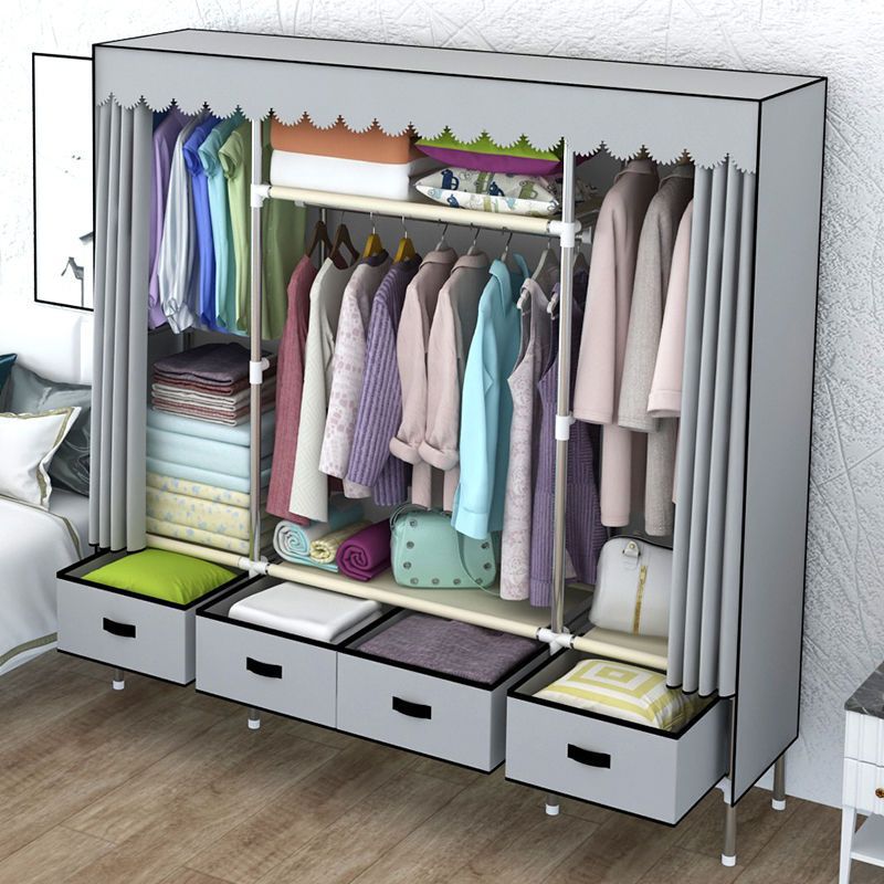 Simple Assembly Fabric Wardrobe with Thickened and Reinforced Steel Pipes, Double Simple Wardrobe, Large Storage Wardrobe for Rental Apartments