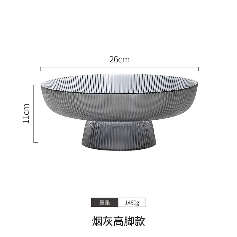 Platos de frutas de vidrio de pies altos, platos de frutas secas a rayas de alta calidad, mesa de té doméstica, bocadillos de pies bajos, platos de frutas de alta calidad