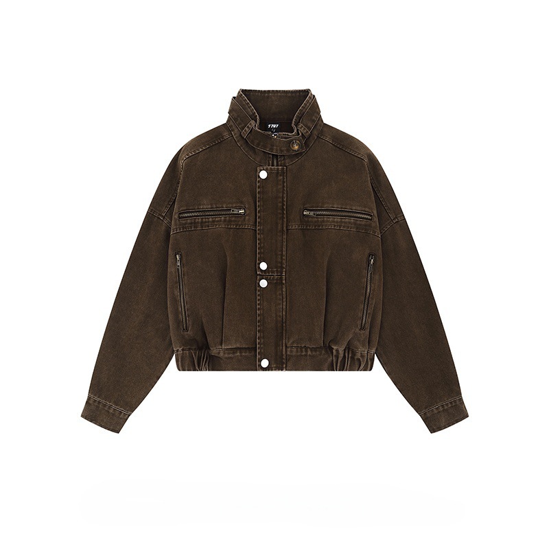 American Retro Coffee-Colored Workwear Denim Jacket for Men, Autumn Biker Style, Loose Slimming Short Stand Collar Jacket