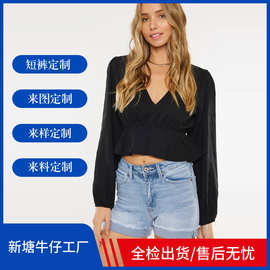 亚马逊高腰百搭显瘦a字裤子洗水高弹牛仔短裤女显腿长破洞设计