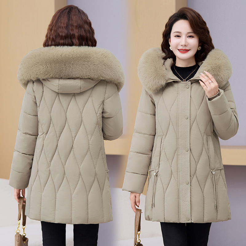 Ropa de mujer de mediana edad, abrigo de algodón de invierno, madres jóvenes vestidas con cuello de cabello grande, chaqueta de algodón gruesa media y larga image 3