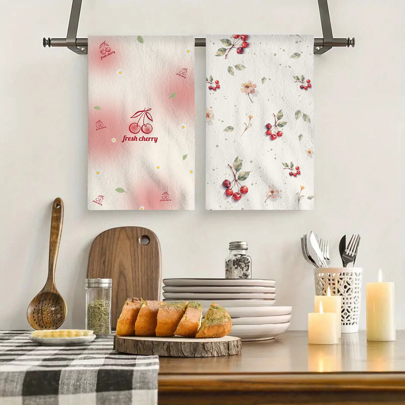 Cross-border Cute Cherry Kitchen Towel Microfiber Hair-free Super Absorbent Square Printed Household Hand Wipe Towel Cross-border Cute Cherry Kitchen Towel Microfiber Hair-free Super Absorbent Square Printed Household Hand Wipe Towel