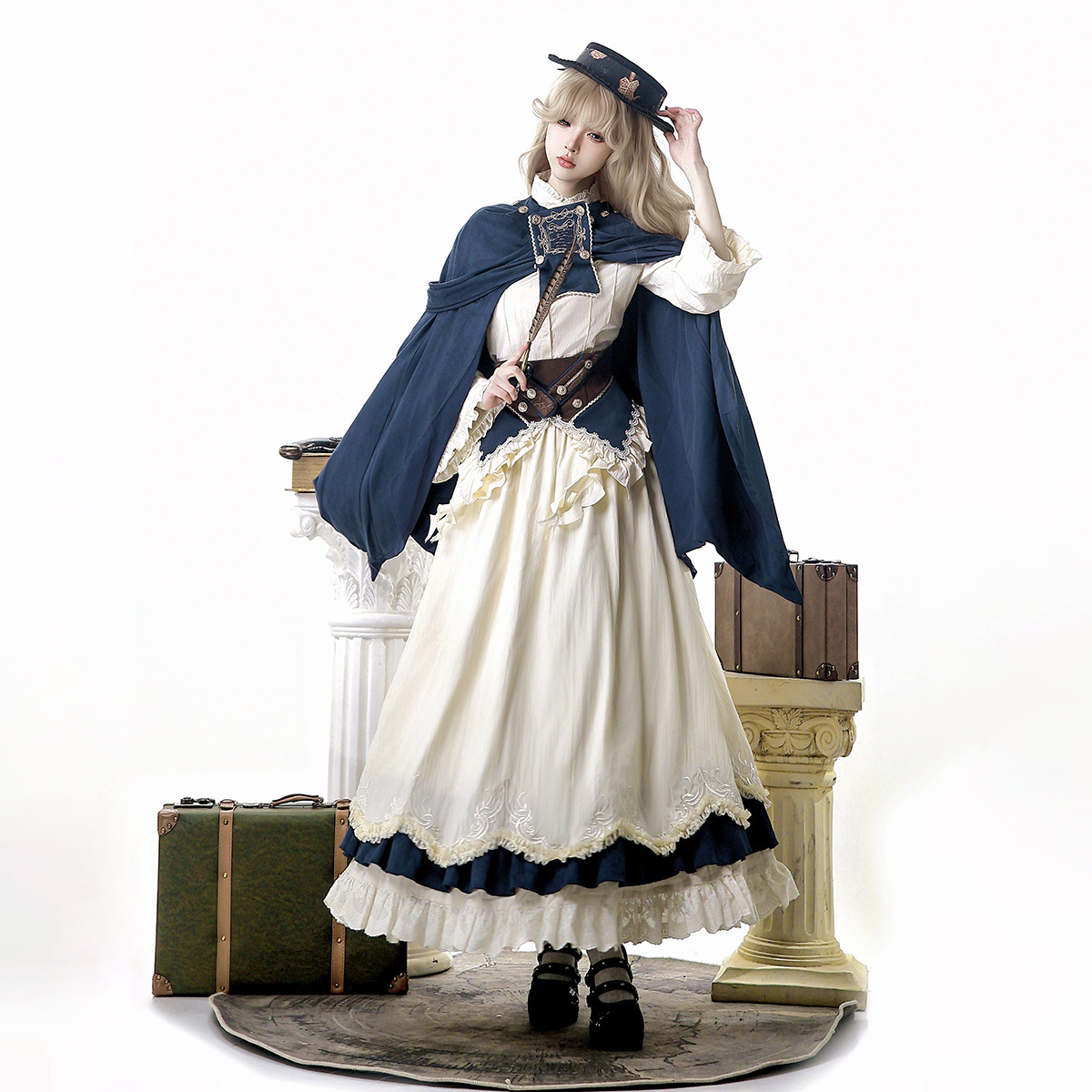 2026 Xiong Doujiang Original Morning Mist Coast Lolita Women's Lolita Cape Waist Belt Shirt Skirt Set 7407