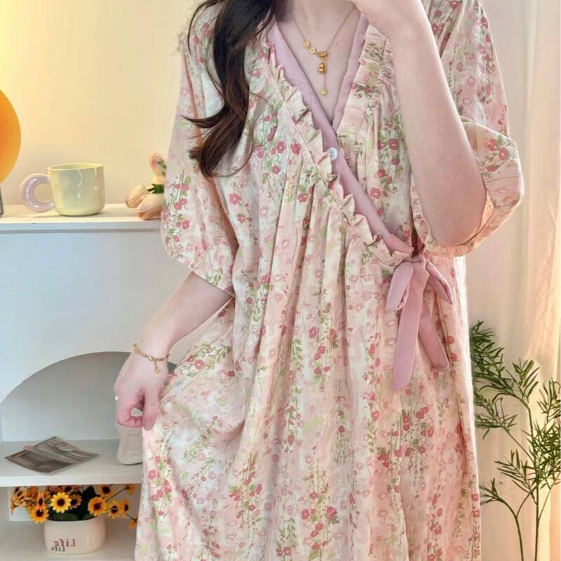 Spring and Autumn Monet Garden Nightgown Women's Thin Clouds Cotton Long Sleeve Long Floral Shower Bath One-piece Nightgown