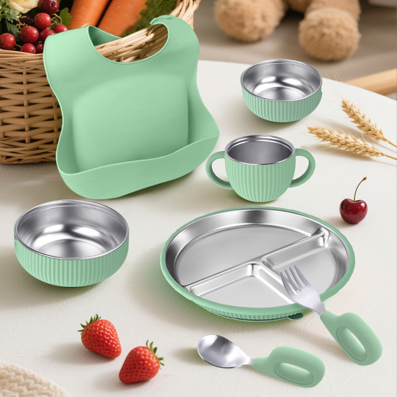 Venta directa de fábrica, vajilla infantil de silicona y acero inoxidable, juego de vajilla creativo de acero inoxidable, tazón de silicona infantil.