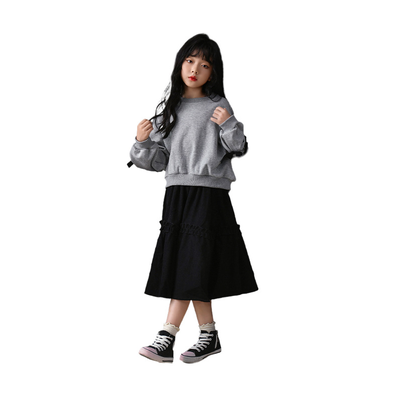 Falda holgada con orejas de madera, falda de media longitud hinchada de cintura alta, manga de pajarita, suéter lindo coreano