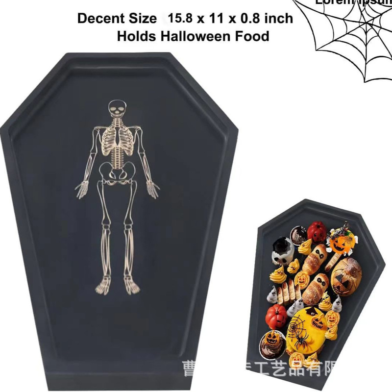 Cross Border Black Wooden Tray Gothic Solid Wood Dinner Plate Halloween Coffin Shape Home Party Decorative Plate