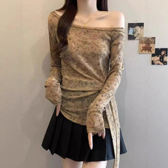 早秋2025新款设计感露肩长袖T恤大码女装胖MM收腰绑带打底衫上衣