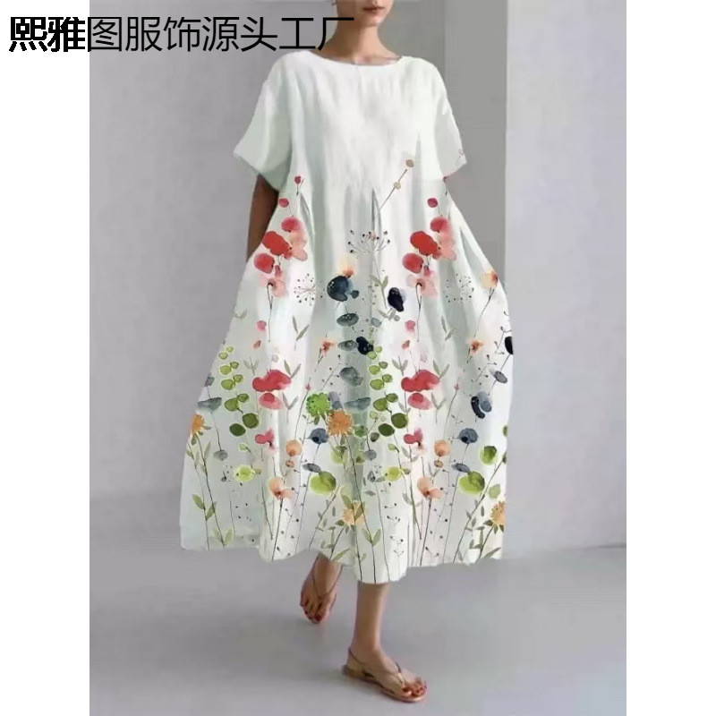 亚马逊跨境2024夏季新款欧美女装宽松圆领时尚高级短袖印花连衣裙