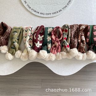 Winter Literary Retro Style Jacquard Floral Pom-Pom Cross Scarf