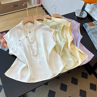 实拍新中式古典小清新立领提花改良淑女薄款盘扣坎肩中国风马甲