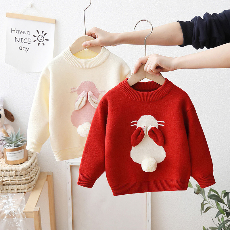Warm children's cute red cartoon knitted sweater girl's