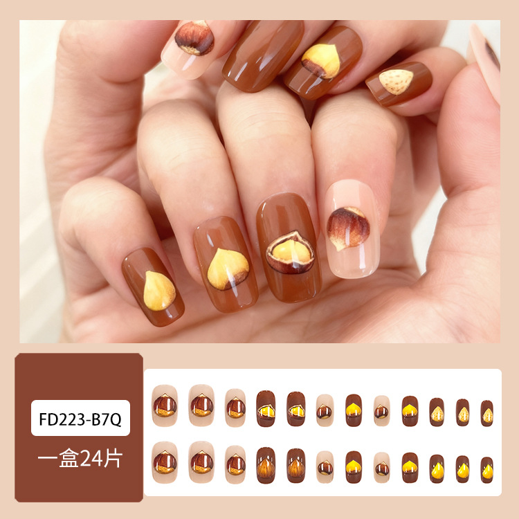 Comercio exterior en relieve tridimensional marrón castaña manicure otoño invierno curar viento desgaste de uñas 24 piezas de parche de uñas