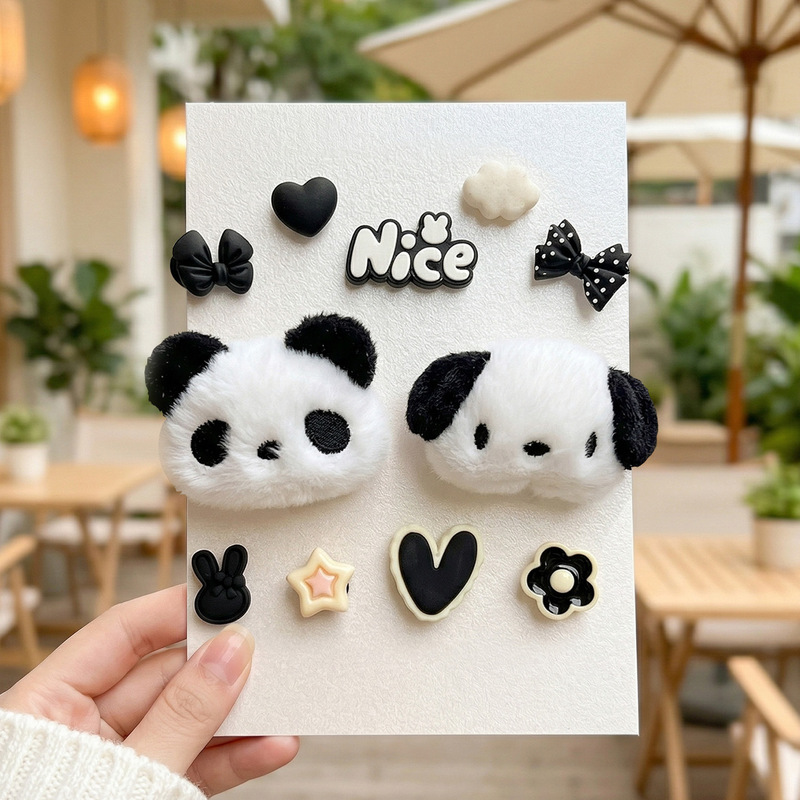 Black and White Plush Panda Pacha Dog Shoe Charm Set, Cute Bowknot Heart Flower Shoe Accessories, Diy-Friendly