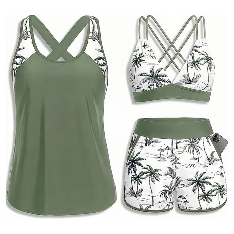 Bikini Cross-Border Three-Piece Set, Women's Split Swimsuit with Pockets, Cross Design, Beautiful Back, Square-Leg Swimwear, Sports Swimwear