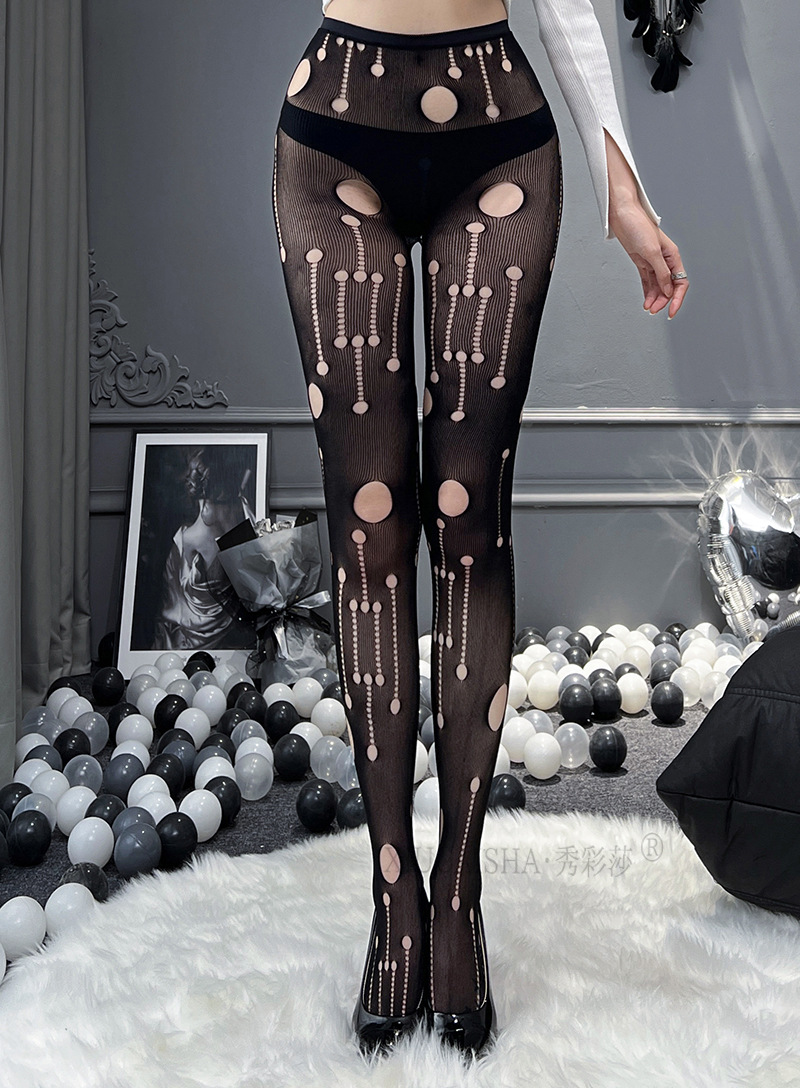 Open-Crotch Lace Stockings with Fake Suspenders, One-Piece Sheer Black Hosiery — detail image 9