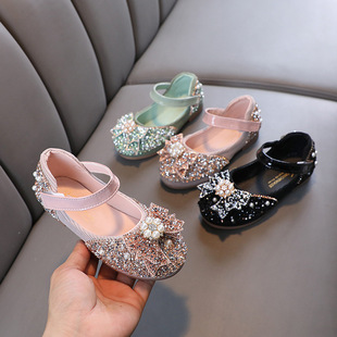Girl's little leather shoes spring 2024 new children's rhinestone lace bow princess shoes little girl's performance shoes