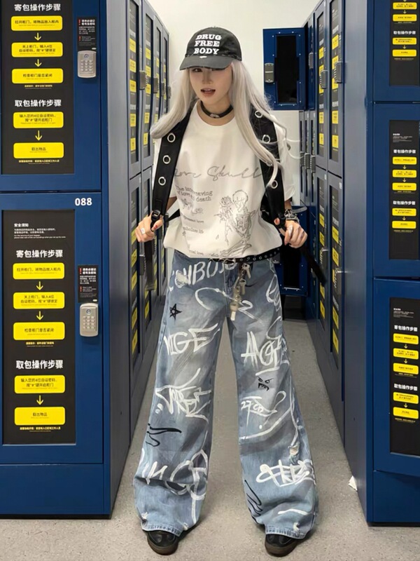 Nautical Graffiti Wide-Leg Jeans for Men and Women Spring Foreign Trade New High-Waist Draped High Street Fashion Brand Printed Loose Casual