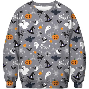 Fashion Spring and Autumn New Independent Station 3D Print Halloween Ghost Series Men's Loose Casual Round Neck Sweatshirt