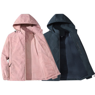 New Camouflage Fleece-Lined Windbreaker with Dark Flowers, Warm and Thin, Couple Style Hooded Thin Velvet Sports Jacket, Stretch Jacket for Women