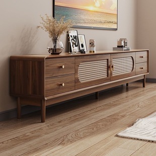 Retro Simple Rattan Tv Cabinet French Nordic Small Apartment Solid Wood Living Room Home Coffee Table Tv Cabinet Combination