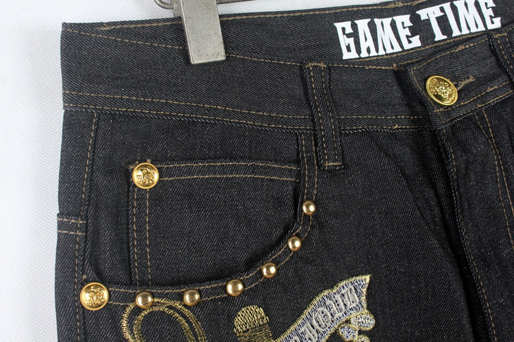 jeans casual com padrão de algodão, maré estampada, topo limitado