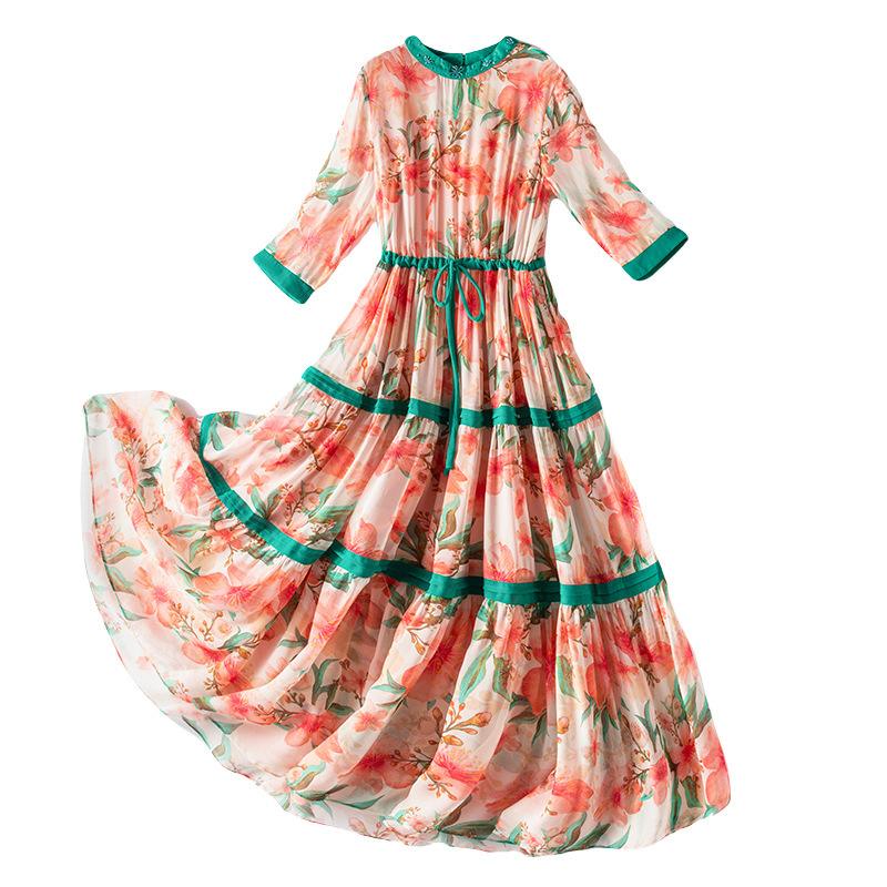 Spot Europe and the United States large size women's clothing 2021 summer sweet foreign style large size printed chiffon skirt fat mm covered meat slim dress