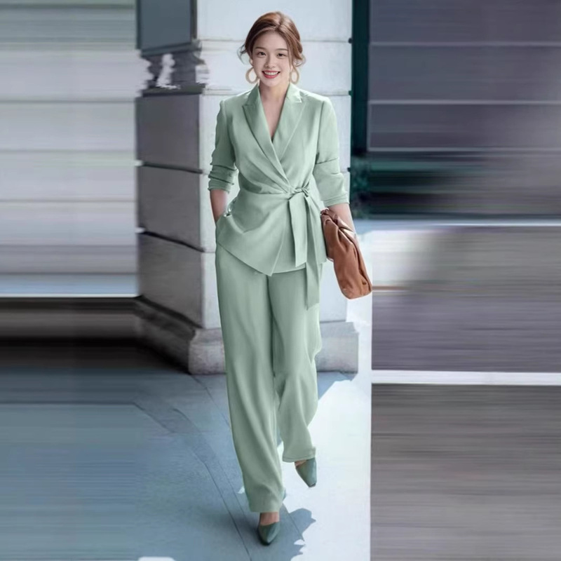 Cross-Border Foreign Trade 2025 Amazon European and American Autumn and Winter New Solid Color Elegant Tie-Waist Suit Fashion Set for Women