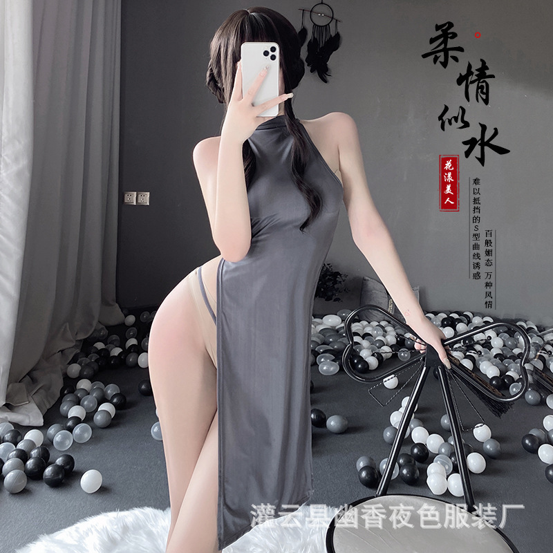 Sexy Lingerie Cheongsam Sexy Split Long Dress Hip Nightwear Women's Summer High Elastic Large Size Uniform Role Playing 1020