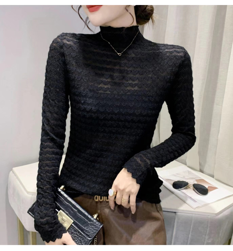 Maglia termica da donna a maniche lunghe con scollo a lupetto e pizzo floccato - Elegante capo da indossare a strati per l'autunno e l'inverno_voghion.com