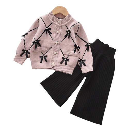 Girls bow sweater cardigan + woolen knitted wide-leg pants two-piece set little girl autumn sweater suit for outer wear