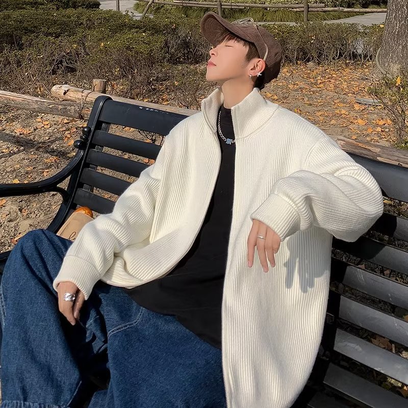 Moda estilo perezoso cárdigan suéter hombre otoño e invierno grueso perezoso de alta gama suéter de cuello alto chaqueta japonesa con cremallera