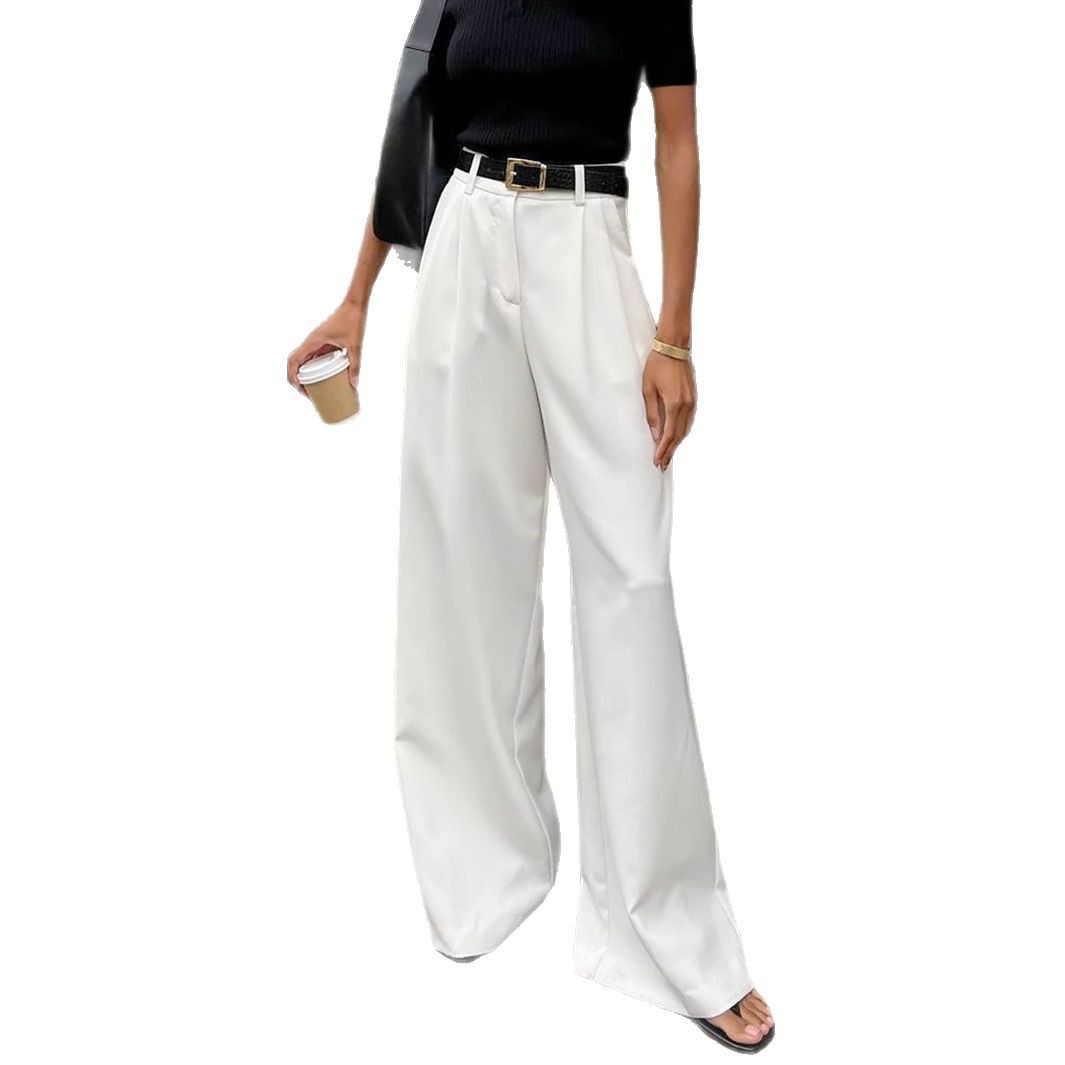 Pantalones de traje de estilo de viajero blanco europeo y americano, pantalones casuales de cintura alta de todo fósforo de moda femenina, pantalones de trapeador sencillos sueltos, transfronterizos