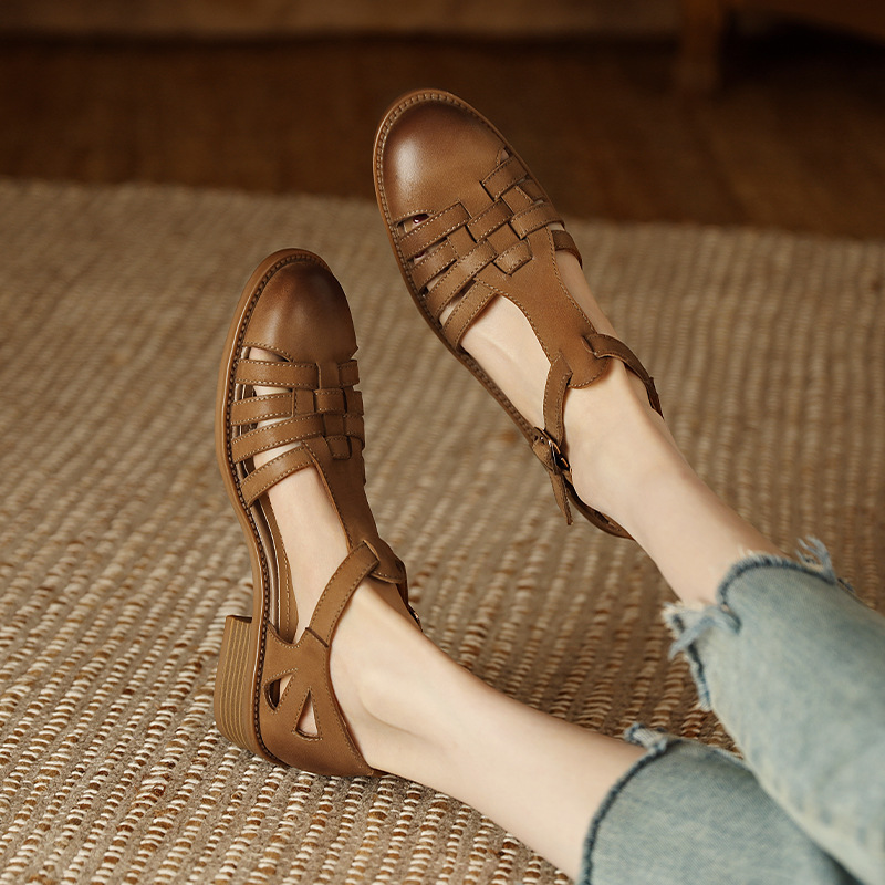 Sandal bít mũi da cừu phong cách La Mã quai chữ T dệt cho nữ — Màu caramel chi tiết 3