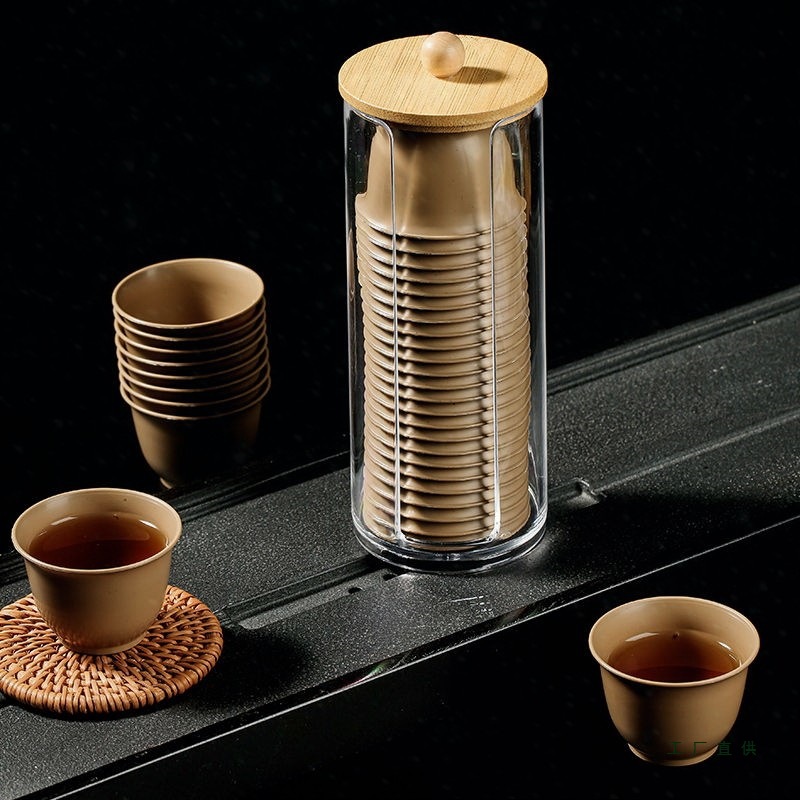 High-End Rice Husk Kung Fu Tea Cups, Thickened and Heat-Resistant Pp Material Tasting Cups, Disposable Tea Cups, Storage Cup Holder Set