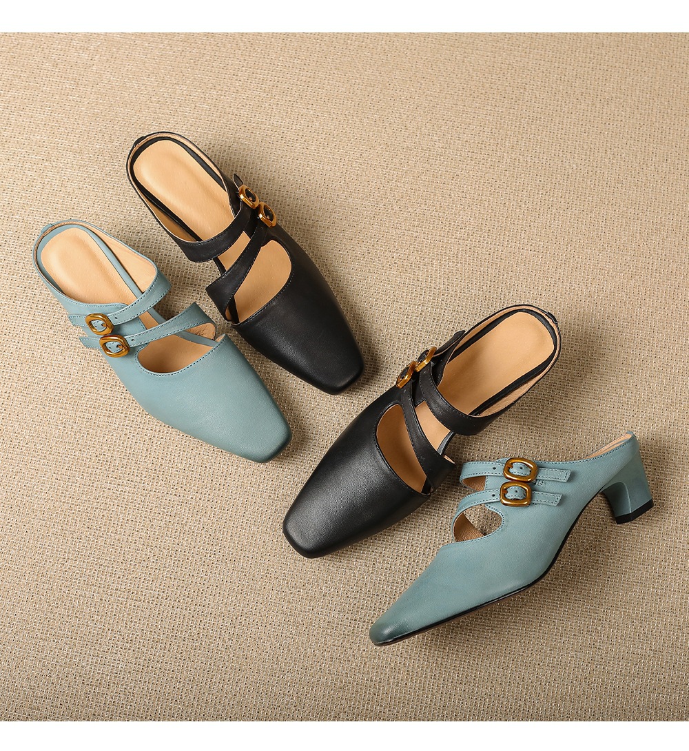 Sandal nữ quai ngang gót vuông ổn định, da bò thật, khóa sau, phong cách Muller — đen chi tiết 17