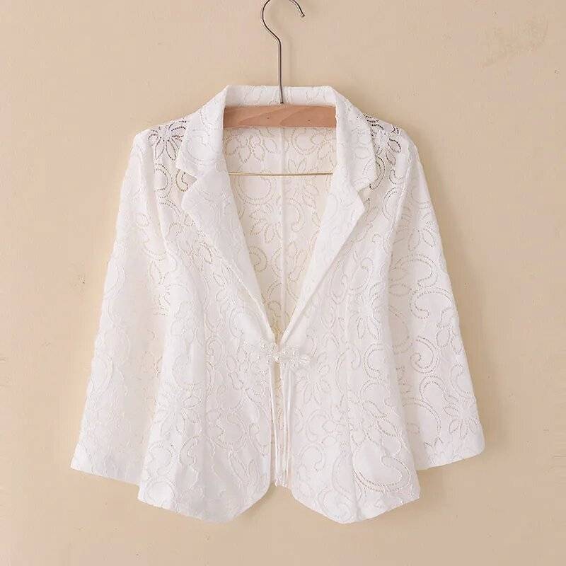 Summer Thin Coat New Style Chinese Style Hollow Lace Design Sun Protection Clothing Women's Outer Cardigan Buckle Style Small Suit