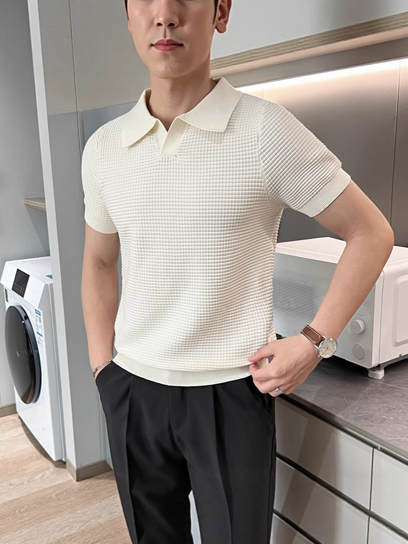 Comercio exterior una camisa de polo de punto delgada de verano de moda masculina con cuello ligero de textura de viento maduro T mangas cortas