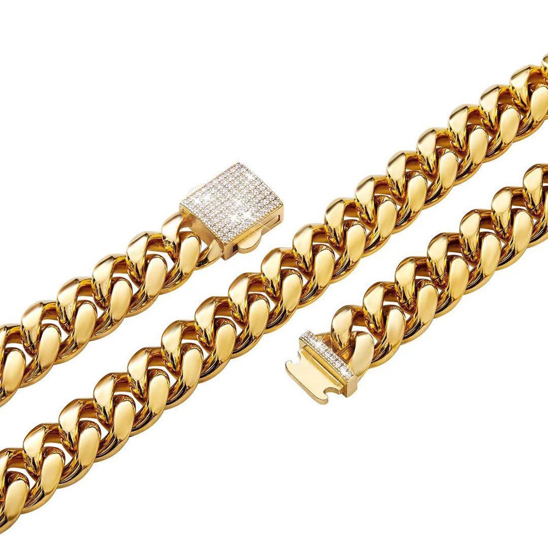 Spot One Piece Dropshipping Men's Gold Cuban Necklace White Zircon Micro Inlaid Lock Encryption Chain 6mm 14mm_voghion.com
